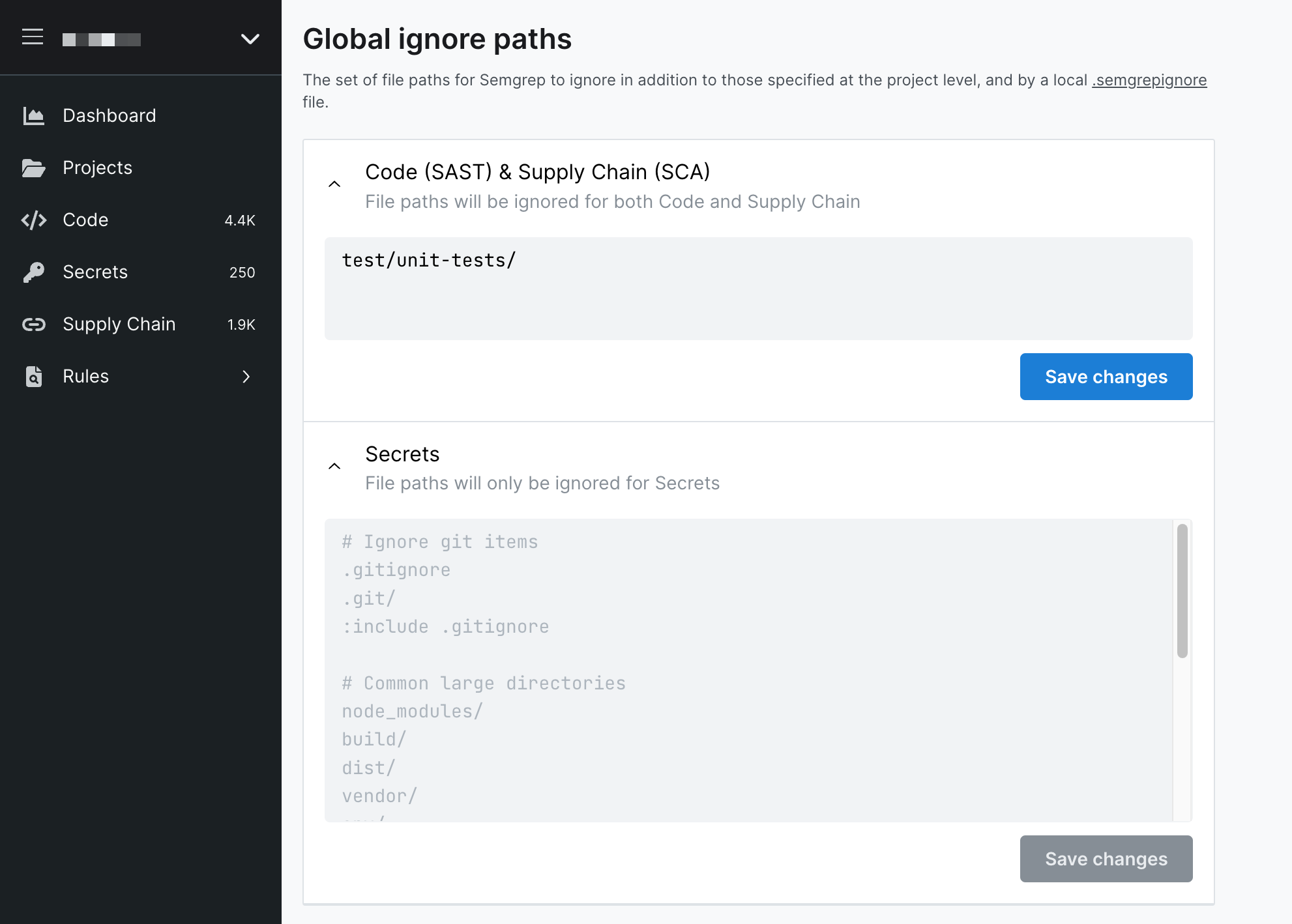 Set global ignore paths for all projects of an organization in Semgrep AppSec Platform.